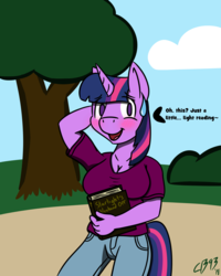 Size: 2000x2500 | Tagged: safe, artist:cobaltblaze93, artist:fenixthefox93, twilight sparkle, unicorn, anthro, g4, arm behind head, big breasts, blushing, book, breasts, clothes, high res, simple background, sweatdrop, unicorn twilight