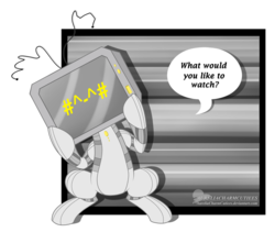 Size: 2258x1906 | Tagged: safe, artist:raspberrystudios, oc, oc only, oc:avox, pony, robot, robot pony, original character do not steal, solo, television, tv head