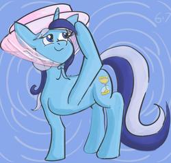 Size: 708x673 | Tagged: safe, artist:sixes&sevens, derpibooru exclusive, minuette, pony, unicorn, g4, abstract background, female, hat, solo, sun hat