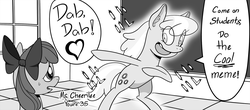 Size: 1810x800 | Tagged: safe, artist:easydays, apple bloom, cheerilee, earth pony, pony, g4, anime reference, dab, dialogue, don't toy with me miss nagatoro, drawthread, duo, female, filly, grayscale, loss (meme), manga, mare, meme, monochrome, request, speech bubble