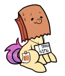Size: 600x700 | Tagged: safe, artist:paperbagpony, oc, oc only, oc:paper bag, earth pony, pony, blushing, fake cutie mark, nervous, paper bag, pony shaming, ponysona, scrunchy face, sign, simple background, sitting, smiling, solo, sweat, sweatdrop, wavy mouth, white background