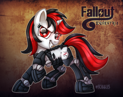 Size: 1024x805 | Tagged: safe, artist:sciggles, oc, oc only, oc:blackjack, cyborg, pony, unicorn, fallout equestria, fallout equestria: project horizons, amputee, cybernetic legs, fanfic art, female, level 2 (project horizons), looking at you, smiling, solo