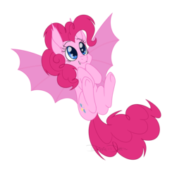 Size: 4400x4500 | Tagged: safe, artist:dippin-dott, pinkie pie, bat pony, pony, g4, absurd resolution, bat ponified, cute, diapinkes, ear tufts, fangs, female, happy, mare, on back, pinkiebat, race swap, simple background, smiling, solo, spread wings, transparent background, underhoof, wings