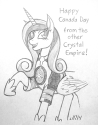 Size: 720x919 | Tagged: safe, artist:texasuberalles, princess cadance, alicorn, pony, g4, canada, canada day, female, grayscale, hockey jersey, hoof shoes, looking at you, mare, monochrome, pencil drawing, raised hoof, simple background, solo, traditional art, white background, winnipeg jets