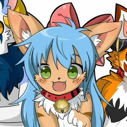 Size: 597x597 | Tagged: artist needed, safe, oc, oc only, oc:文毛, cat, anthro, barely pony related, bell, bell collar, blue mane, blushing, bow, catified, cheek fluff, chest fluff, collar, colored ear fluff, female, green eyes, hair bow, half body, looking at you, mare, open mouth, open smile, orange coat, pale belly, smiling, smiling at you, solo, species swap