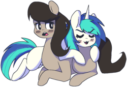 Size: 1177x806 | Tagged: safe, artist:pawberrykit, dj pon-3, octavia melody, vinyl scratch, earth pony, pony, unicorn, g4, blushing, female, lesbian, mare, missing cutie mark, ship:scratchtavia, shipping, simple background, transparent background