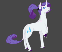 Size: 2600x2200 | Tagged: safe, artist:doghallelujah, rarity, classical unicorn, pony, unicorn, g4, alternate hairstyle, cloven hooves, female, gray background, high res, horn, leonine tail, looking at you, mare, simple background, solo, unshorn fetlocks