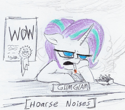 Size: 663x587 | Tagged: safe, artist:t72b, derpibooru exclusive, starlight glimmer, pony, g4, ashtray, bored, cigarette, descriptive noise, desk, eea seal, female, glimglam, guidance counselor, horse noises, meme, partial color, pun, school, sitting, smoking, solo, traditional art, wow! glimmer