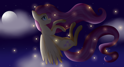 Size: 5500x3000 | Tagged: safe, artist:cosmiickatie, fluttershy, firefly (insect), pegasus, pony, g4, female, flying, looking at something, mare, night, profile, solo, wings