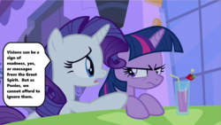 Size: 1280x720 | Tagged: safe, edit, edited screencap, screencap, rarity, twilight sparkle, a canterlot wedding, g4, season 2, actor allusion, bionicle, cafe, canterlot, drink, frown, legends of metru nui, lego, nokama, quote, speech bubble, tabitha st. germain, table, text, voice actor joke, window