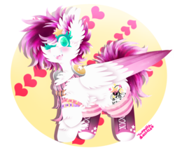 Size: 1024x905 | Tagged: safe, artist:vanillaswirl6, oc, oc only, oc:destiny resonance, pegasus, pony, abstract background, accessory, bracelet, chest fluff, clothes, colored pupils, colored wings, commission, cute, cute little fangs, ear fluff, earbuds, ethereal mane, fangs, female, fluffy, galaxy mane, hair accessory, jewelry, knee high sneakers, one eye closed, open mouth, photoshop, raised hoof, scarf, simple background, solo, transparent background, wink