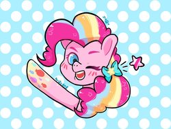 Size: 800x600 | Tagged: safe, artist:y_knowledge, pinkie pie, earth pony, pony, g4, bow, female, hair bow, looking at you, mare, one eye closed, polka dot background, rainbow power, waving, wink, winking at you