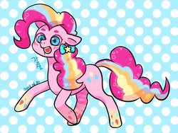 Size: 993x746 | Tagged: safe, artist:y_knowledge, pinkie pie, earth pony, pony, g4, bow, female, hair bow, mare, polka dot background, rainbow power, solo