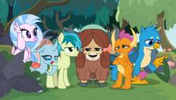 Size: 1532x869 | Tagged: safe, screencap, gallus, ocellus, sandbar, silverstream, smolder, yona, changedling, changeling, classical hippogriff, dragon, earth pony, griffon, hippogriff, pony, yak, g4, non-compete clause, aside glance, bored, bow, cloven hooves, crossed arms, dragoness, female, floppy ears, forest, frown, hair bow, hoof over mouth, jewelry, lidded eyes, looking at something, looking at you, looking down, male, monkey swings, nature, necklace, raised eyebrow, student six, teenager, yawn