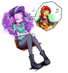 Size: 729x781 | Tagged: safe, artist:twilite-sparkleplz, edit, starlight glimmer, sunset shimmer, equestria girls, g4, acoustic guitar, bench, cute, duo, eyes closed, guitar, headphones, listening, music, music notes, musical instrument, open mouth, playing guitar, relaxing, singing, sitting, smiling