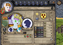 Size: 900x648 | Tagged: safe, artist:triplesevens, oc, oc only, oc:magpie flowerheart, oc:white shield, pony, bust, coat of arms, crown, crusader kings, crusader kings 2, foal, game, game screencap, jewelry, ponified, portrait, regalia, video game