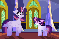 Size: 4472x2936 | Tagged: dead source, safe, artist:moon-rose-rosie, twilight sparkle, oc, oc:celestial moon, alicorn, pony, unicorn, g4, crying, duo, female, filly, magical lesbian spawn, mother and daughter, offspring, parent:rainbow dash, parent:twilight sparkle, parents:twidash, twilight sparkle (alicorn)