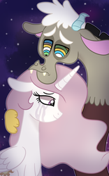 Size: 1309x2093 | Tagged: safe, artist:ashidaii, discord, princess celestia, pony, fanfic:sleep while i drive, g4, crying, fanfic, fanfic art, female, hypno eyes, kaa eyes, male, pink-mane celestia, ship:dislestia, shipping, space, straight, young, younger