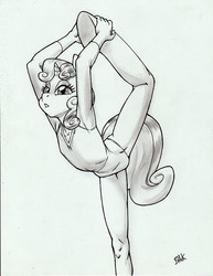 Size: 612x792 | Tagged: safe, artist:bhawk, sweetie belle, unicorn, anthro, unguligrade anthro, g4, arm behind head, armpits, clothes, female, flexible, leotard, looking at you, monochrome, pose, simple background, sketch, solo, stretching, traditional art, white background, yoga