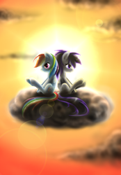 Size: 2000x2880 | Tagged: safe, artist:azzu-nyan, rainbow dash, oc, oc:icarus, pegasus, pony, g4, backlighting, cloud, cover art, cutie mark, duo, duo female, fanfic art, female, high res, hooves, lens flare, mare, on a cloud, sitting on a cloud, sky, sun, wings
