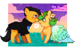 Size: 847x562 | Tagged: safe, artist:gingerale, oc, oc only, oc:darren cuffs, oc:olive drab, earth pony, pony, unicorn, boop, clothes, crossdressing, dress, flower, flower in hair, gay, heart, looking into each others eyes, male, noseboop, oc x oc, pictogram, shipping, simple background, suit, transparent background