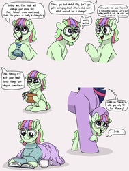 Size: 1537x2030 | Tagged: safe, artist:pastel-charms, twilight sparkle, oc, oc:pansy everfree, alicorn, earth pony, pony, g4, adopted offspring, book, clothes, female, filly, glasses, parent:twilight sparkle, plant, starry eyes, sweater, twilight sparkle (alicorn), wingding eyes