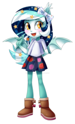 Size: 1024x1678 | Tagged: safe, artist:centchi, oc, oc only, oc:wistful galaxy, human, pony, equestria girls, g4, blushing, boots, bow, clothes, cute, ethereal mane, fangs, female, moe, ocbetes, pleated skirt, shirt, shoes, simple background, skirt, solo, starry mane, transparent background, watermark, winged humanization