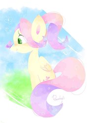 Size: 1283x1796 | Tagged: safe, artist:1drfl_world_end, artist:_ichi_ni_san_, fluttershy, butterfly, pegasus, pony, alternate hairstyle, butterfly on nose, female, folded wings, insect on nose, looking at something, mare, ponytail, profile, sitting, smiling, solo