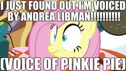 Size: 1920x1080 | Tagged: safe, edit, edited screencap, editor:useraccount, screencap, fluttershy, g4, scare master, andrea libman, excessive exclamation marks, image macro, implied pinkie pie, meme, op is a slowpoke, shocked, voice actor joke