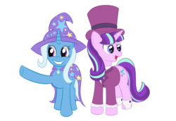 Size: 2676x1846 | Tagged: safe, artist:sethisto, snowfall frost, starlight glimmer, trixie, pony, unicorn, g4, clothes, hat, simple background, smiling, top hat, transparent background, waving