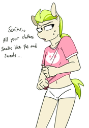 Size: 431x616 | Tagged: safe, artist:redxbacon, oc, oc only, oc:golden keylime, anthro, clothes, female, shirt, shorts, solo, text