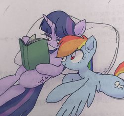 Size: 899x838 | Tagged: safe, artist:xp_r6, rainbow dash, twilight sparkle, pegasus, pony, g4, book, duo, female, lesbian, mare, pillow, reading, ship:twidash, shipping, simple background, smiling, traditional art