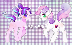 Size: 850x531 | Tagged: safe, artist:sayorilove, starlight glimmer, sweetie belle, pony, unicorn, g4, butt, female, filly, filly starlight glimmer, lesbian, looking at you, pigtails, plot, raised tail, shipping, tail, younger