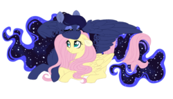 Size: 1024x585 | Tagged: safe, artist:azure-art-wave, fluttershy, princess luna, pegasus, pony, g4, cute, eyes closed, female, floppy ears, intertwined tails, lesbian, missing horn, prone, ship:lunashy, shipping, shyabetes, simple background, smiling, snuggling, transparent background