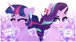 Size: 2700x1500 | Tagged: dead source, safe, artist:vird-gi, starlight glimmer, twilight sparkle, alicorn, pony, unicorn, g4, abstract background, braid, cross-popping veins, duo, female, intertwined manes, mare, speech bubble, sweat, sweatdrop, twilight sparkle (alicorn)