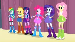 Size: 1920x1080 | Tagged: safe, screencap, applejack, fluttershy, pinkie pie, rainbow dash, rarity, twilight sparkle, equestria girls, g4, my little pony equestria girls, clothes, cute, female, group, hand on hip, humane five, humane six, pink skirt, sextet, skirt