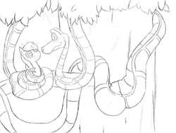 Size: 864x648 | Tagged: safe, artist:jockbock, pony, snake, burmese python, disney, disney style, hypnosis, imminent vore, jungle book, kaa, kaa eyes, lineart, mind control, peril, tree, tree branch