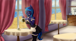 Size: 1980x1080 | Tagged: safe, artist:shamziwhite, oc, oc only, oc:blueberry syrup, earth pony, anthro, anthro oc, clothes, commission, cup, female, finished commission, food, maid, mare, one eye closed, shorthair, solo, tea, wink