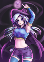 Size: 706x1000 | Tagged: safe, artist:the-park, starlight glimmer, trixie, human, g4, armpits, belly button, cape, clothes, cup, female, hat, humanized, magic, midriff, plushie, redo, shorts, simple background, socks, solo, tank top, teacup, that pony sure does love teacups, thigh highs, trixie's cape, trixie's hat
