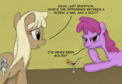 Size: 1280x890 | Tagged: safe, artist:hewison, berry punch, berryshine, mjölna, earth pony, pony, ask pun, g4, alcohol, ask, glass, innuendo, interview, seductive look