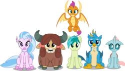 Size: 5238x3000 | Tagged: safe, artist:dashiesparkle, gallus, ocellus, sandbar, silverstream, smolder, yona, changedling, changeling, classical hippogriff, dragon, earth pony, griffon, hippogriff, pony, yak, g4, non-compete clause, .svg available, bow, cloven hooves, cute, diaocelles, diastreamies, dragoness, female, flying, gallabetes, hair bow, high res, jewelry, looking at you, male, monkey swings, necklace, sandabetes, simple background, sitting, smolderbetes, student six, teenager, transparent background, vector, yonadorable