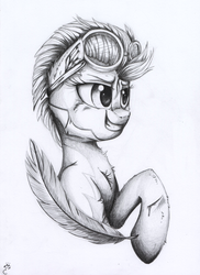 Size: 2373x3265 | Tagged: safe, artist:yellowrobin, lightning dust, pegasus, pony, g4, black and white, clothes, ear fluff, feather, goggles, grayscale, high res, injured, monochrome, raised hoof, smiling, smirk, traditional art, uniform, wonderbolts, wonderbolts uniform