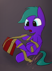 Size: 917x1253 | Tagged: safe, artist:gift, artist:gift-the-stranger, oc, oc only, oc:night hook, pegasus, pony, female, gift wrapped, oops, ribbon, solo, struggling