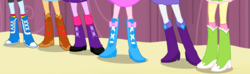 Size: 1580x470 | Tagged: safe, screencap, applejack, fluttershy, pinkie pie, rainbow dash, rarity, twilight sparkle, equestria girls, g4, my little pony equestria girls, boots, boots shot, clothes, cowboy boots, cropped, high heel boots, humane five, humane six, legs, pictures of legs, shoes