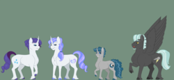 Size: 1600x738 | Tagged: safe, artist:ganashiashaka, rarity, thunderlane, oc, oc:azure glitter, oc:moonstone voice, pony, unicorn, g4, colt, female, green background, male, mare, offspring, parent:rarity, parent:thunderlane, parents:rarilane, ship:rarilane, shipping, simple background, straight