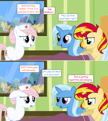 Size: 1280x1444 | Tagged: safe, artist:hakunohamikage, nurse redheart, sunset shimmer, trixie, pony, unicorn, ask-princesssparkle, g4, ask, hospital, tumblr