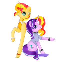 Size: 1500x1500 | Tagged: safe, artist:princess-of-the-nigh, starlight glimmer, sunset shimmer, pony, unicorn, g4, ami onuki, backwards cutie mark, bracelet, clothes, collar, cosplay, costume, crossover, dress, duo, edgelight glimmer, female, flower, flower in hair, girly girl, hi hi puffy ami yumi, jewelry, mare, simple background, socks, spiked collar, spiked wristband, stockings, thigh highs, tomboy, transparent background, unshorn fetlocks, wristband, yumi yoshimura