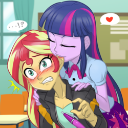 Size: 1000x1000 | Tagged: safe, artist:ta-na, sunset shimmer, twilight sparkle, equestria girls, g4, ..., awkward, biting, blushing, canterlot high, duo, ear bite, exclamation point, female, gritted teeth, humans doing horse things, interrobang, lesbian, nom, pictogram, question mark, school, ship:sunsetsparkle, shipping