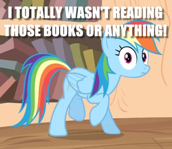 Size: 930x807 | Tagged: safe, edit, edited screencap, screencap, rainbow dash, pony, g4, it's about time, blatant lies, caught, cropped, dialogue, female, golden oaks library, guilty, image macro, meme, solo