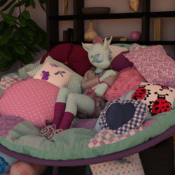 Size: 2000x2000 | Tagged: safe, artist:tahublade7, ocellus, changedling, changeling, anthro, g4, school daze, 3d, clothes, cute, daz studio, diaocelles, dress, female, high res, panties, papasan, pillow, skirt, slippers, socks, solo, thighs, underwear, upskirt